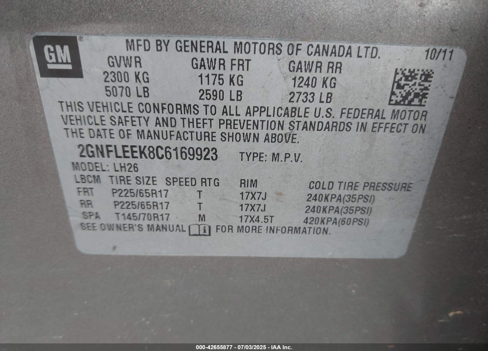 2012 CHEVROLET EQUINOX VIN: 2GNFLEEK8C6169923