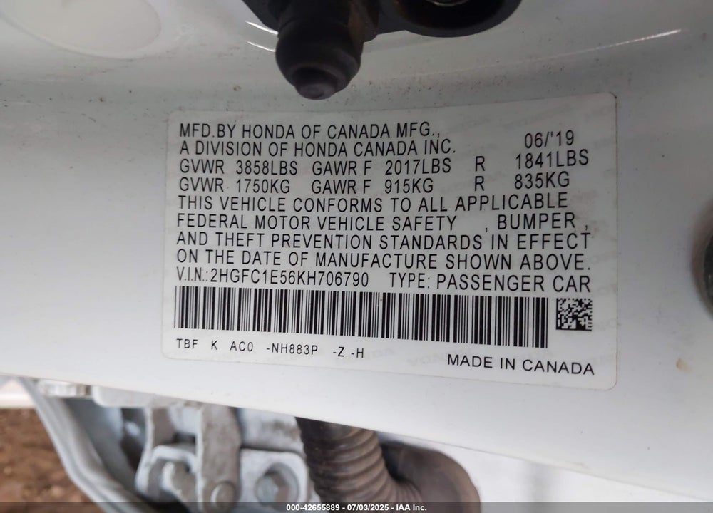 2019 HONDA CIVIC VIN: 2HGFC1E56KH706790