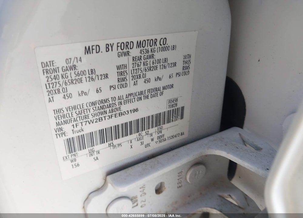 2015 FORD F-250 VIN: 1FT7W2BT3FEB03196