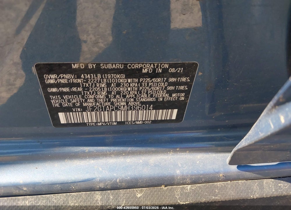 2021 SUBARU CROSSTREK VIN: JF2GTAPC9MH396014