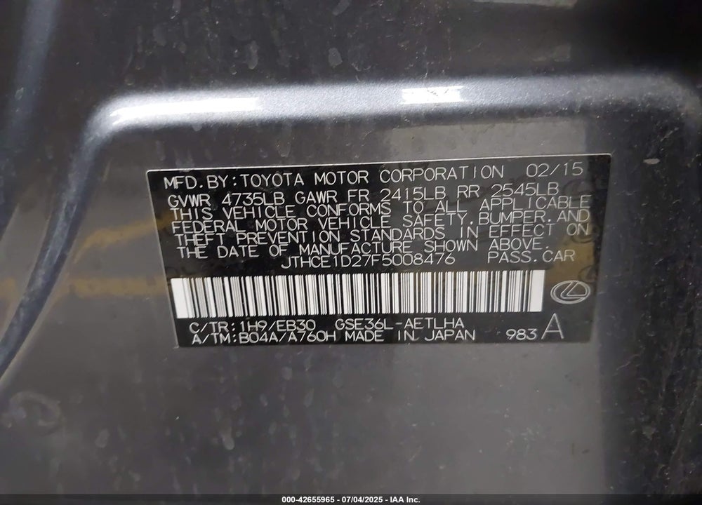 2015 LEXUS IS350 VIN: JTHCE1D27F5008476