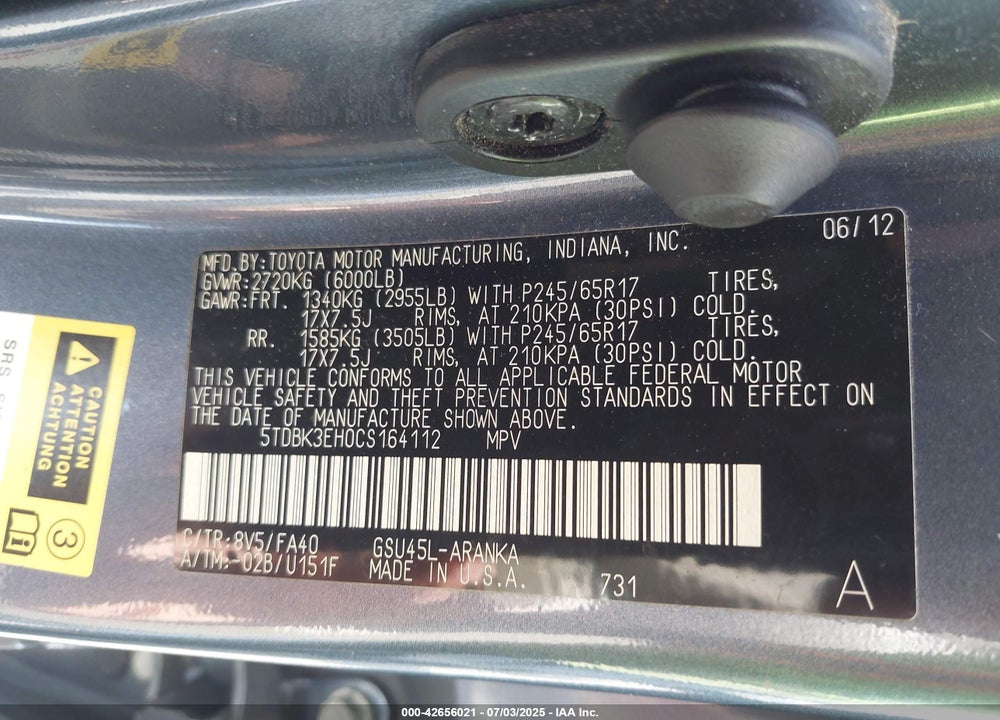 2012 TOYOTA HIGHLANDER VIN: 5TDBK3EH0CS164112