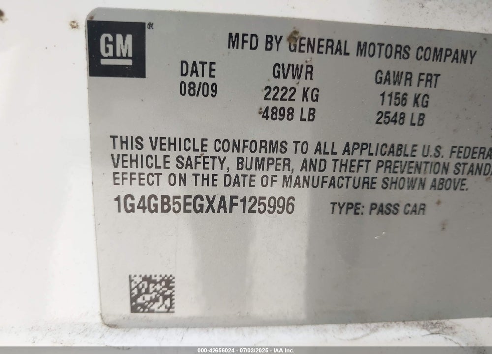 2010 BUICK LACROSSE VIN: 1G4GB5EGXAF125996