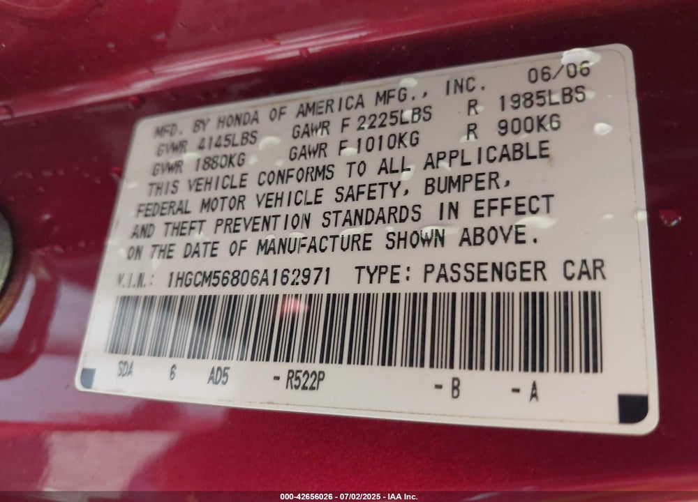 2006 HONDA ACCORD VIN: 1HGCM56806A162971