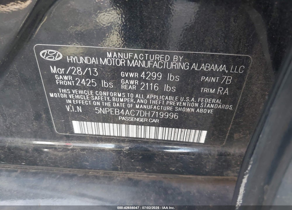 2013 HYUNDAI SONATA VIN: 5NPEB4AC7DH719996
