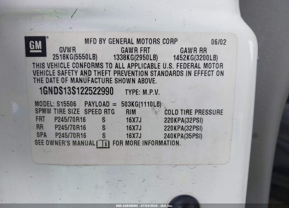 2002 CHEVROLET TRAILBLAZER VIN: 1GNDS13S122522990