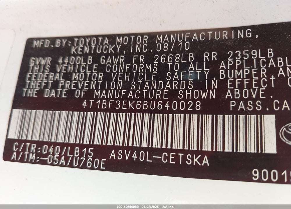 2011 TOYOTA CAMRY VIN: 4T1BF3EK6BU640028