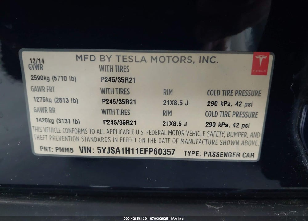 2014 TESLA MODEL S VIN: 5YJSA1H11EFP60357