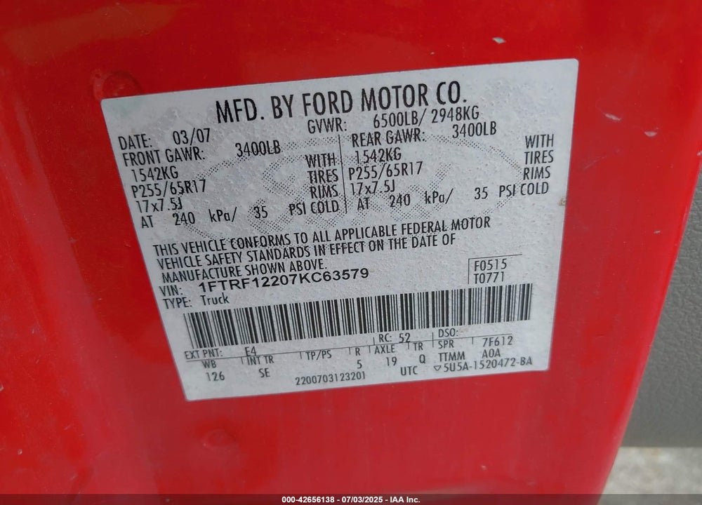 2007 FORD F-150 STX/XL/XLT VIN: 1FTRF12207KC63579