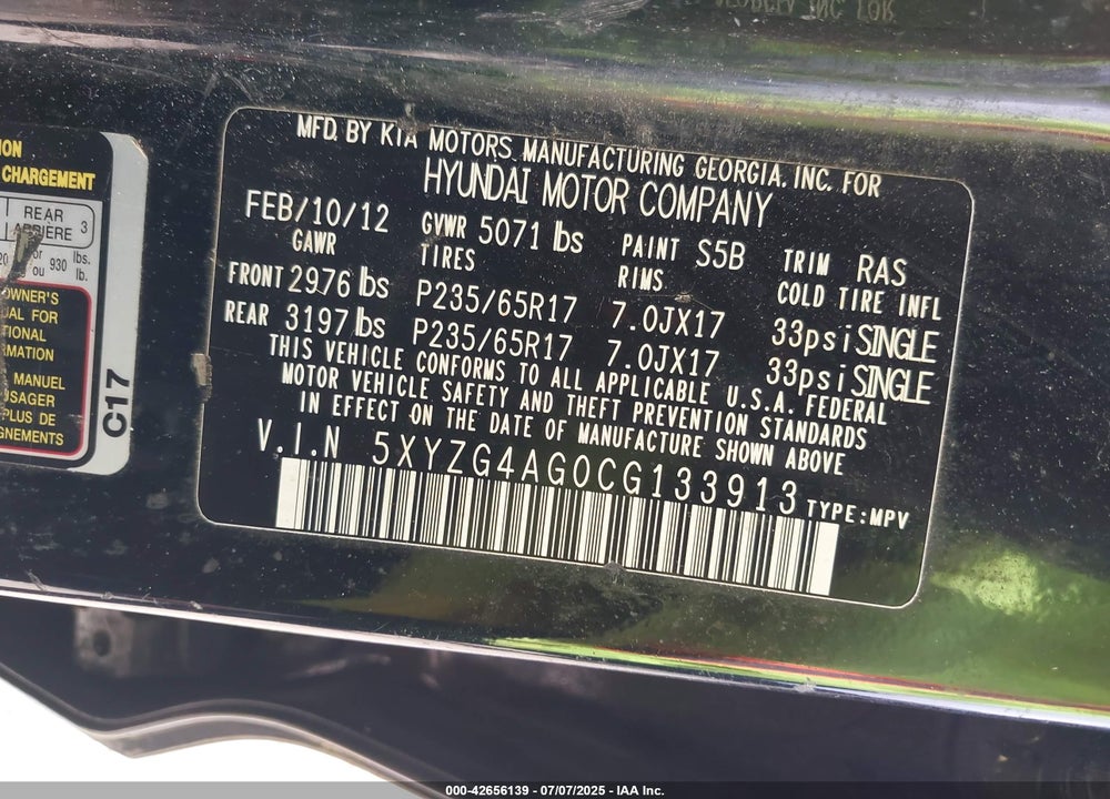 2012 HYUNDAI SANTA FE VIN: 5XYZG4AG0CG133913