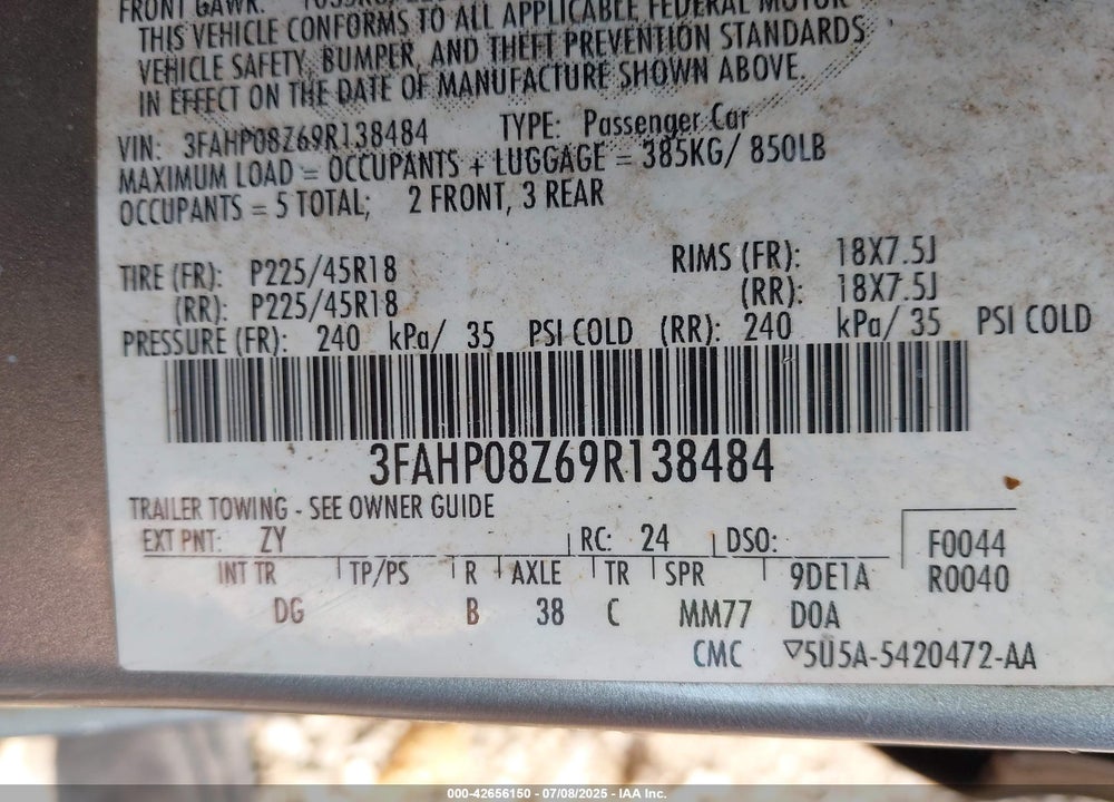 2009 FORD FUSION SEL VIN: 3FAHP08Z69R138484