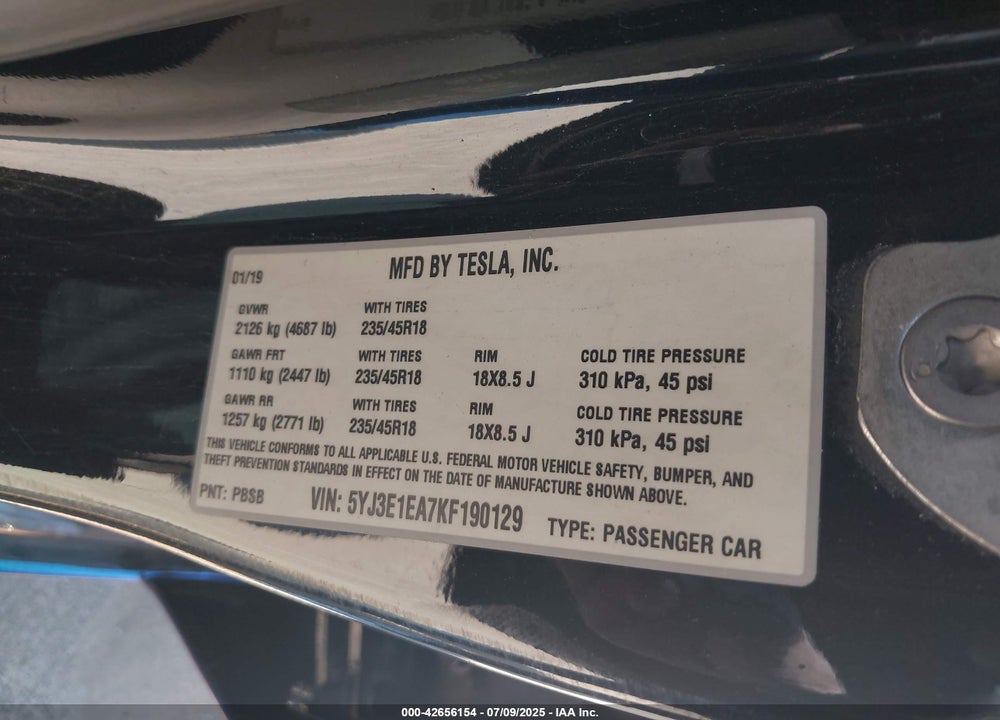 2019 TESLA MODEL 3 VIN: 5YJ3E1EA7KF190129