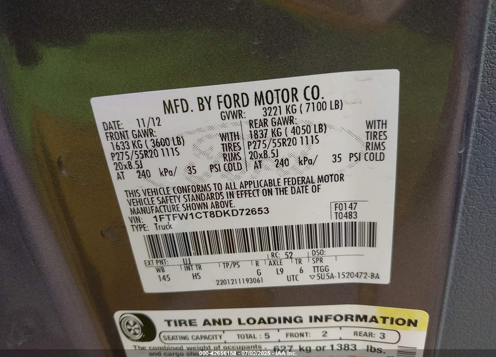 2013 FORD F-150 VIN: 1FTFW1CT8DKD72653