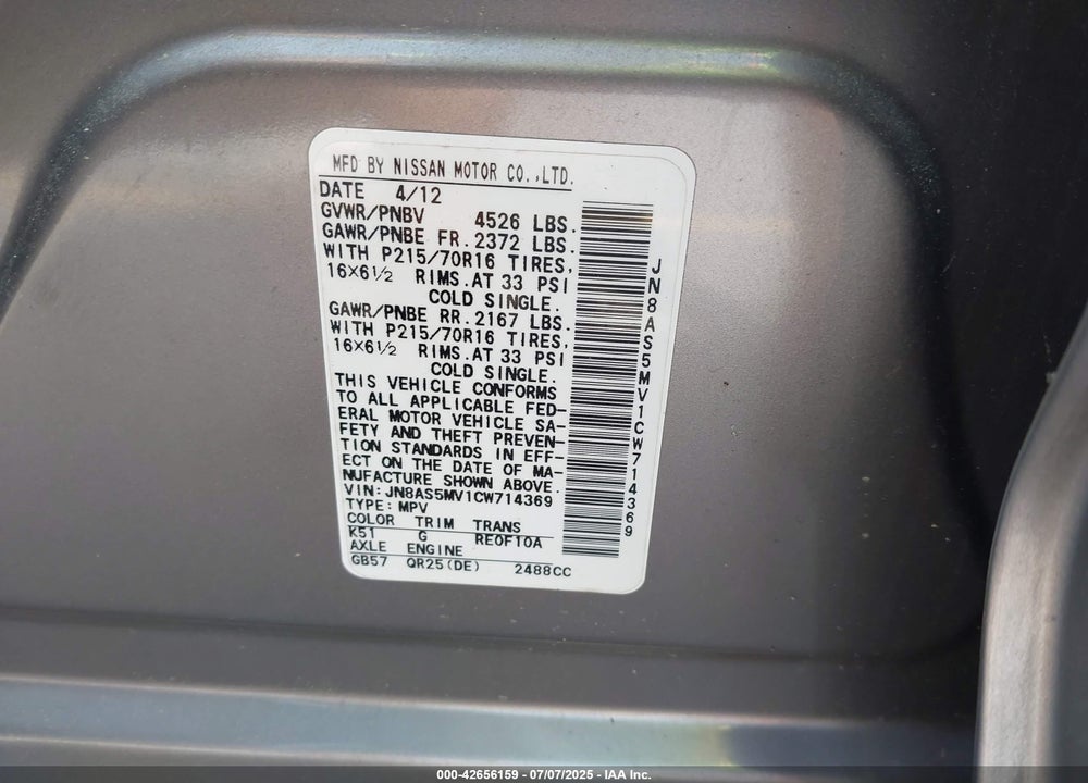 2012 NISSAN ROGUE VIN: JN8AS5MV1CW714369