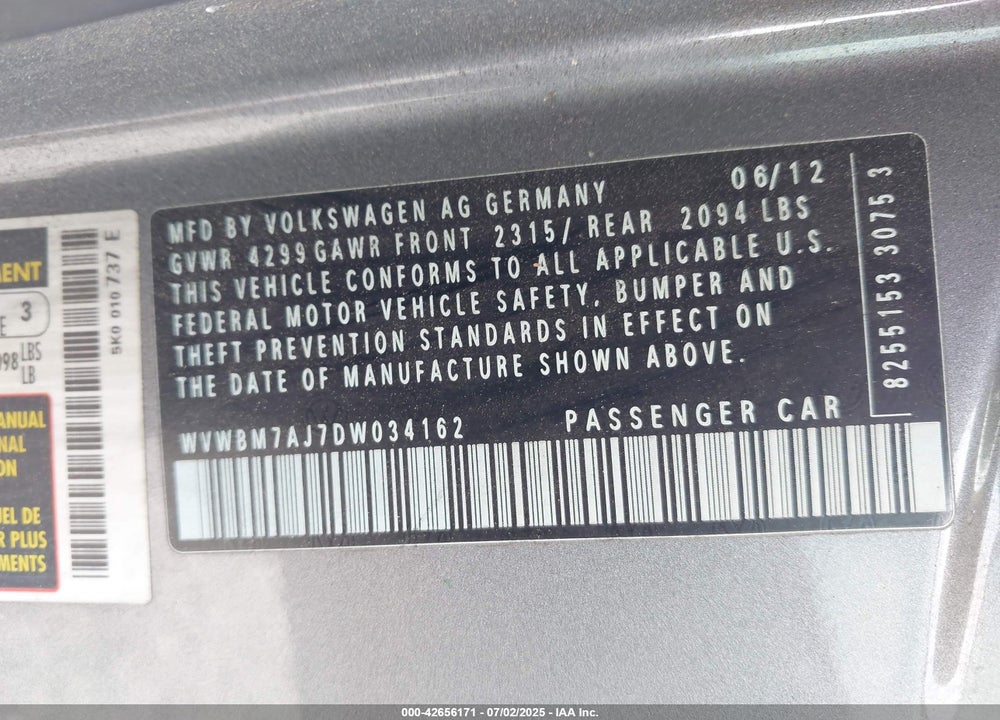 2013 VOLKSWAGEN GOLF VIN: WVWBM7AJ7DW034162