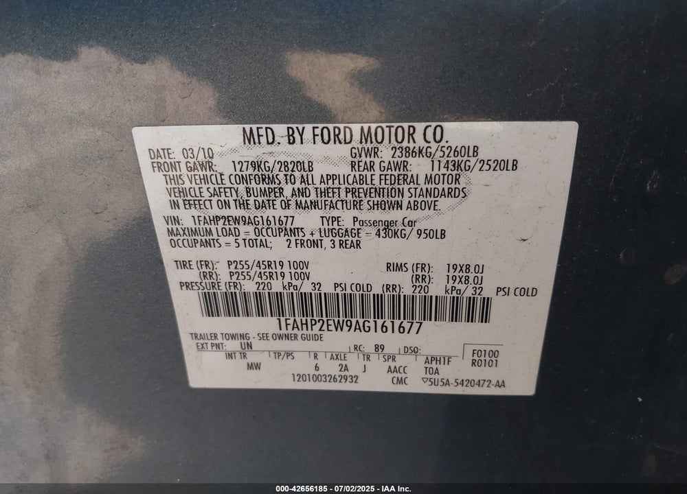 2010 FORD TAURUS VIN: 1FAHP2EW9AG161677