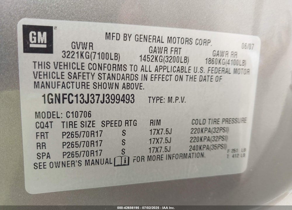 2007 CHEVROLET TAHOE LT VIN: 1GNFC13J37J399493