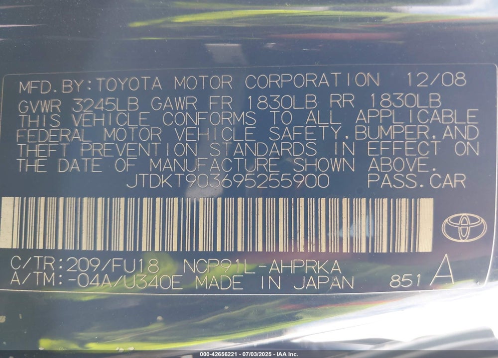 2009 TOYOTA YARIS VIN: JTDKT903695255900