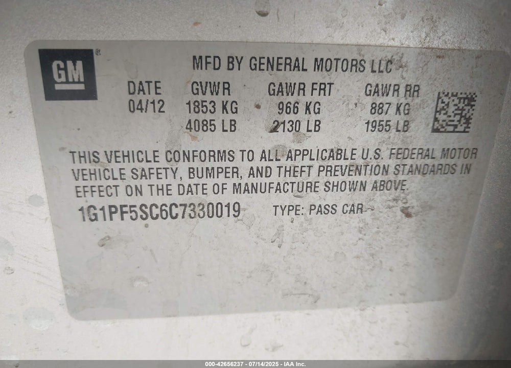 2012 CHEVROLET CRUZE VIN: 1G1PF5SC6C7330019