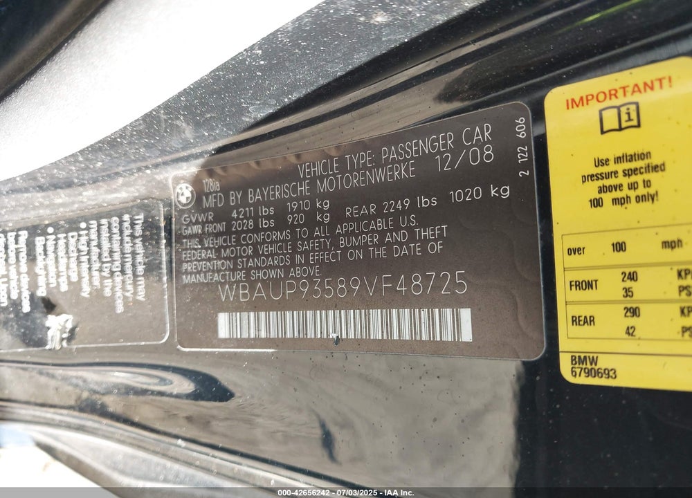 2009 BMW 128I VIN: WBAUP93589VF48725