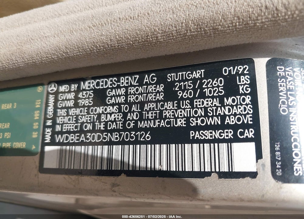 1992 MERCEDES-BENZ 300 E VIN: WDBEA30D5NB703126