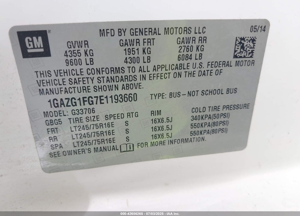 2014 CHEVROLET EXPRESS 3500 LT VIN: 1GAZG1FG7E1193660