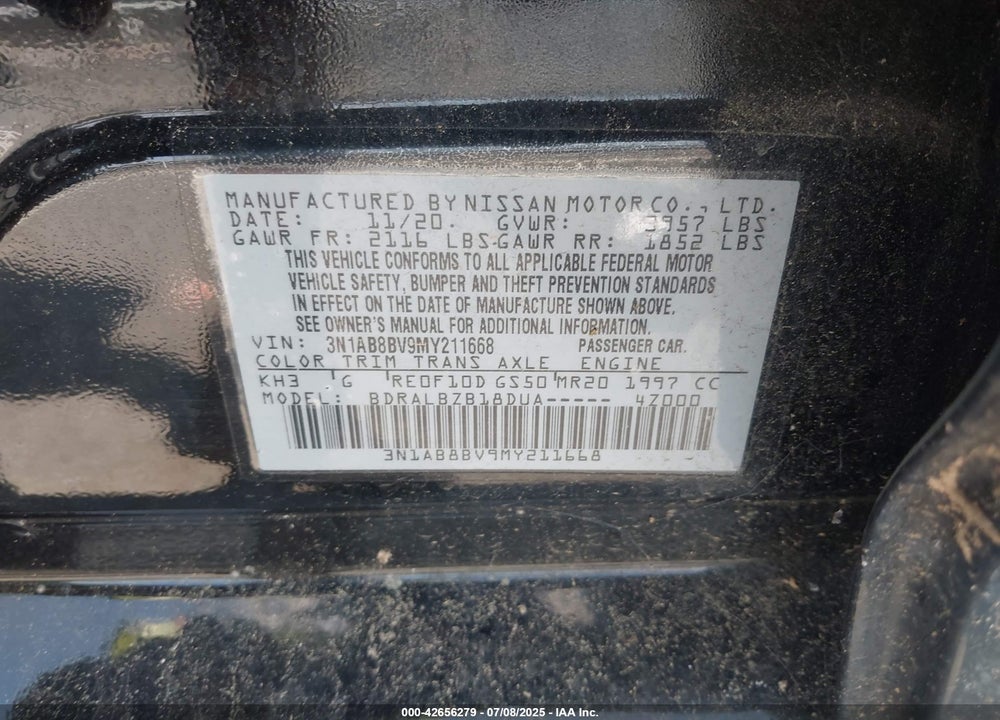 2021 NISSAN SENTRA VIN: 3N1AB8BV9MY211668