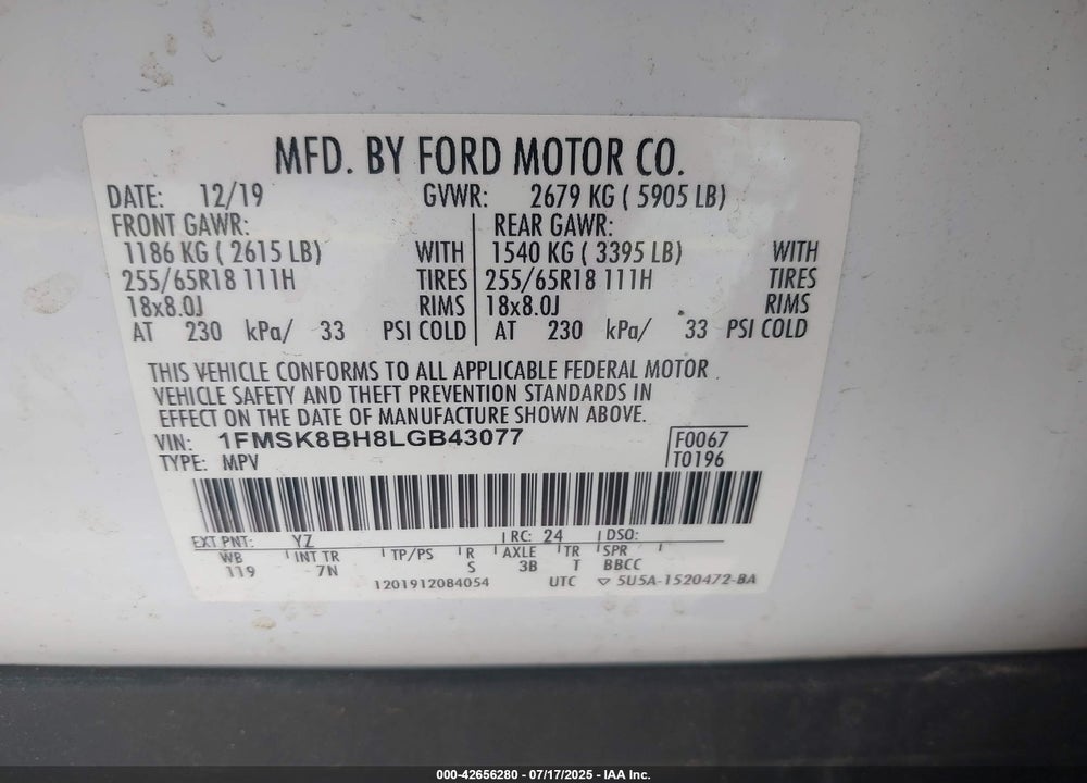 2020 FORD EXPLORER VIN: 1FMSK8BH8LGB43077