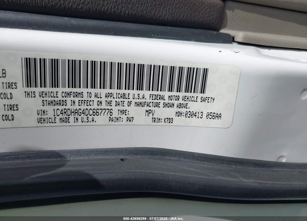 2013 DODGE DURANGO VIN: 1C4RDHAG4DC667776