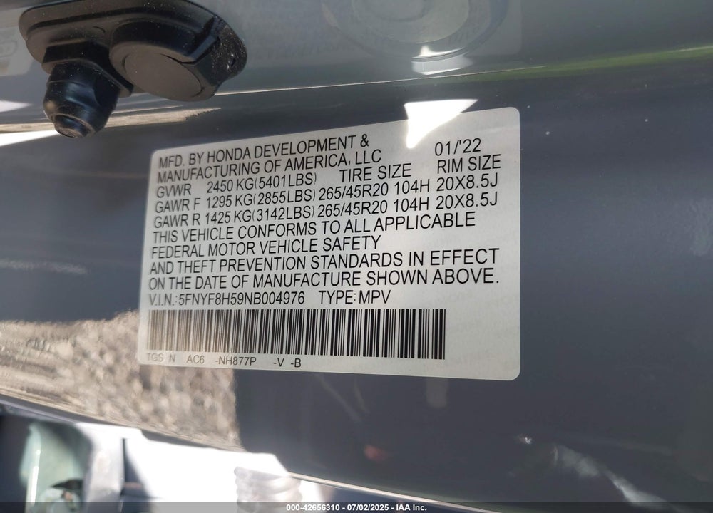 2022 HONDA PASSPORT VIN: 5FNYF8H59NB004976