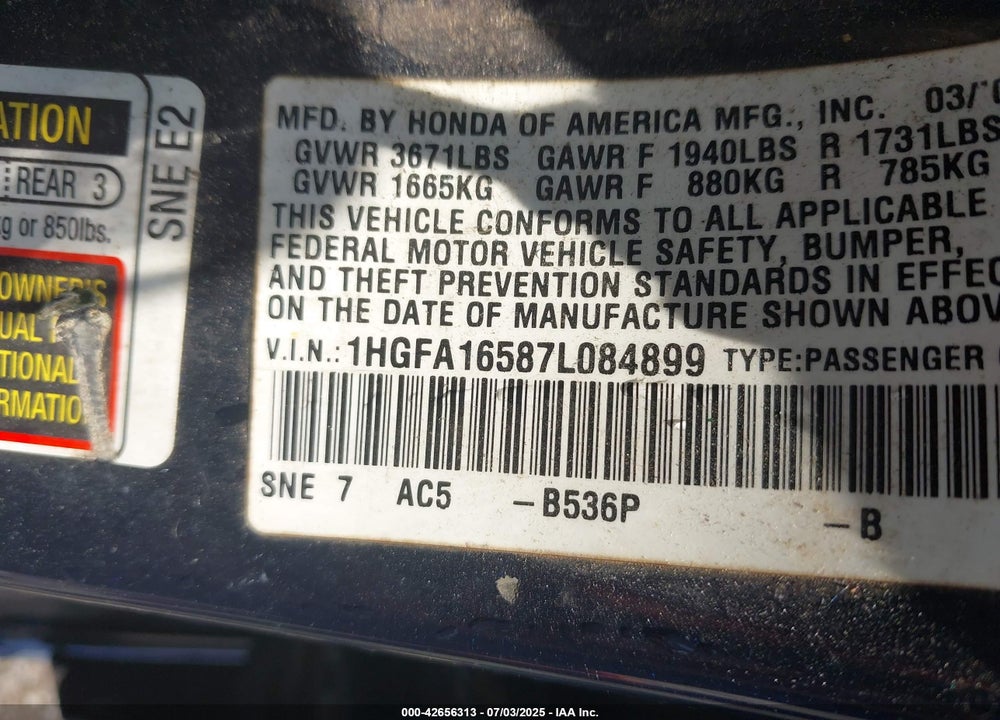 2008 HONDA CIVIC VIN: 1HGFA16838L084899