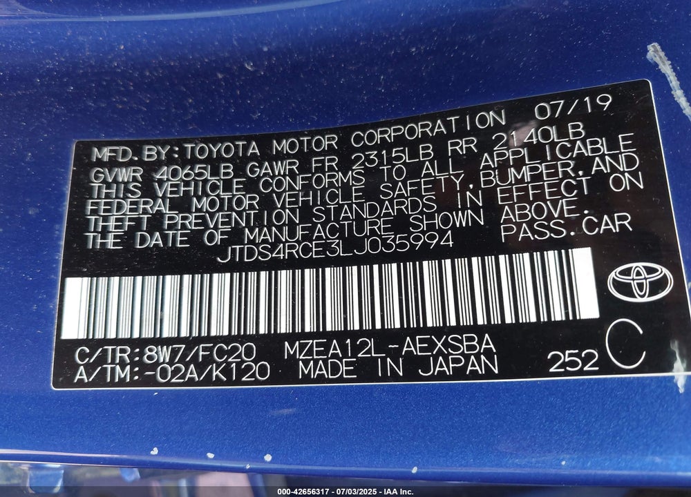 2020 TOYOTA COROLLA VIN: JTDS4RCE3LJ035994