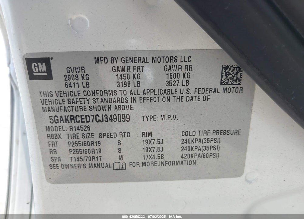 2012 BUICK ENCLAVE VIN: 5GAKRCED7CJ349099