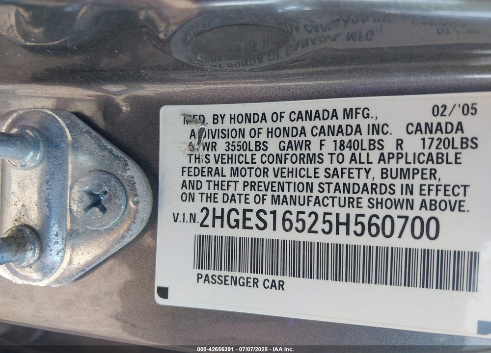 2005 HONDA CIVIC LX VIN: 2HGES16525H560700