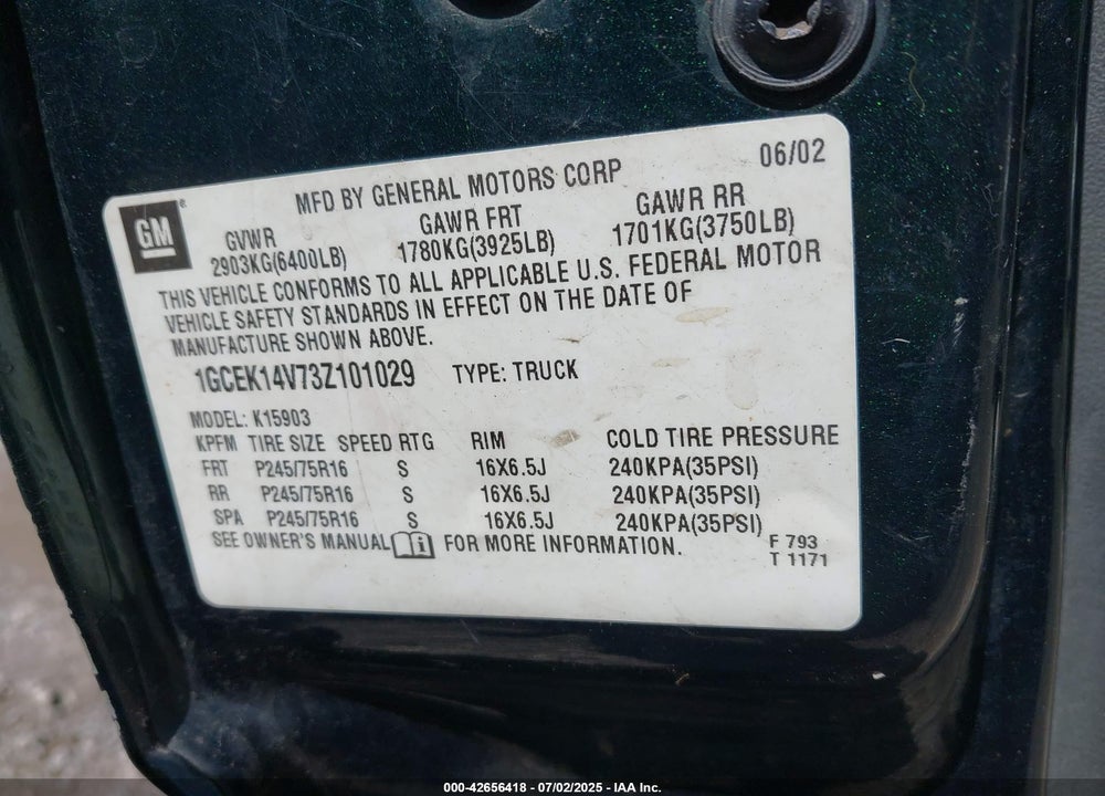 2003 CHEVROLET SILVERADO 1500 WORK TRUCK VIN: 1GCEK14V73Z101029
