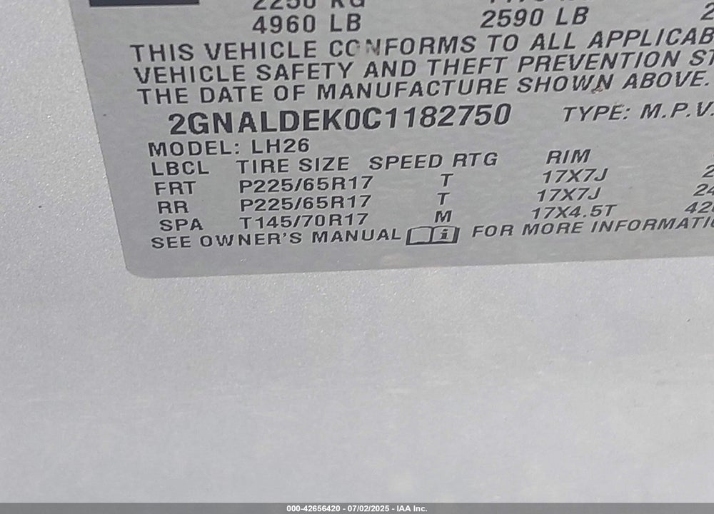 2012 CHEVROLET EQUINOX 1LT VIN: 2GNALDEK0C1182750