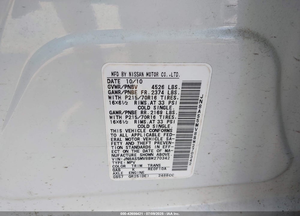 2011 NISSAN ROGUE VIN: JN8AS5MV8BW270342