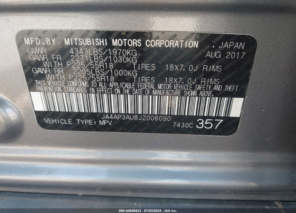2018 MITSUBISHI OUTLANDER SPORT VIN: JA4AP3AU8JZ006090