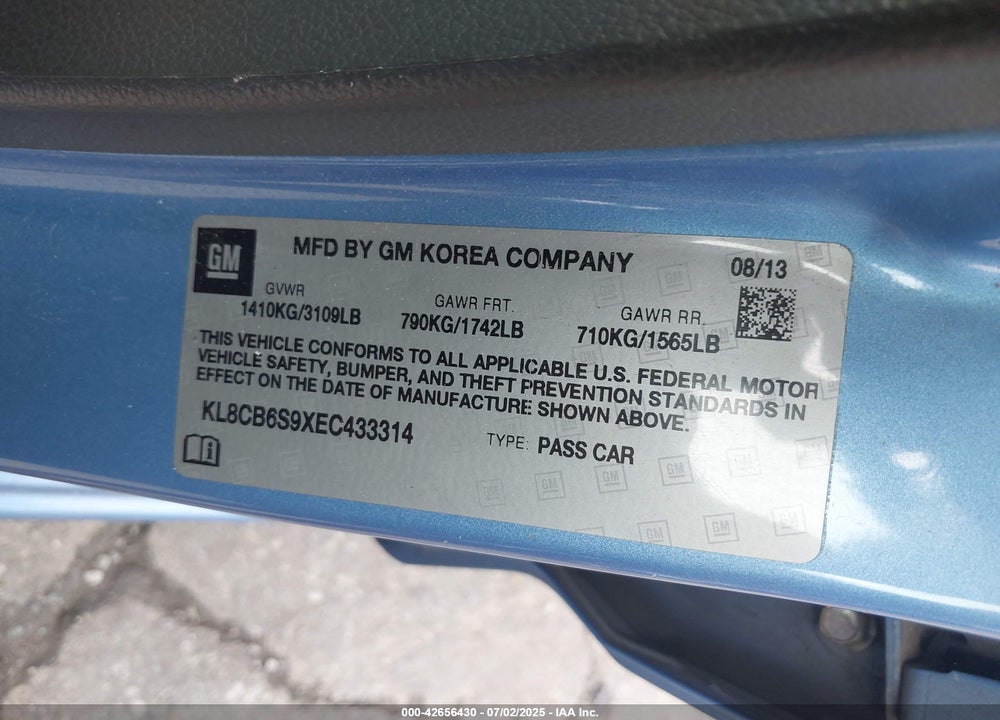 2014 CHEVROLET SPARK VIN: KL8CB6S9XEC433314