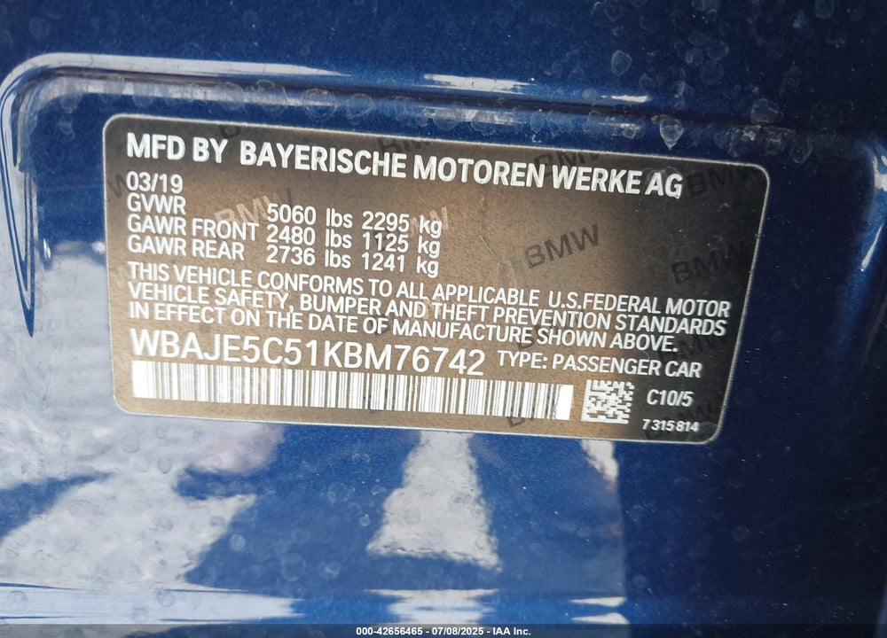 2019 BMW 540I VIN: WBAJE5C51KBM76742