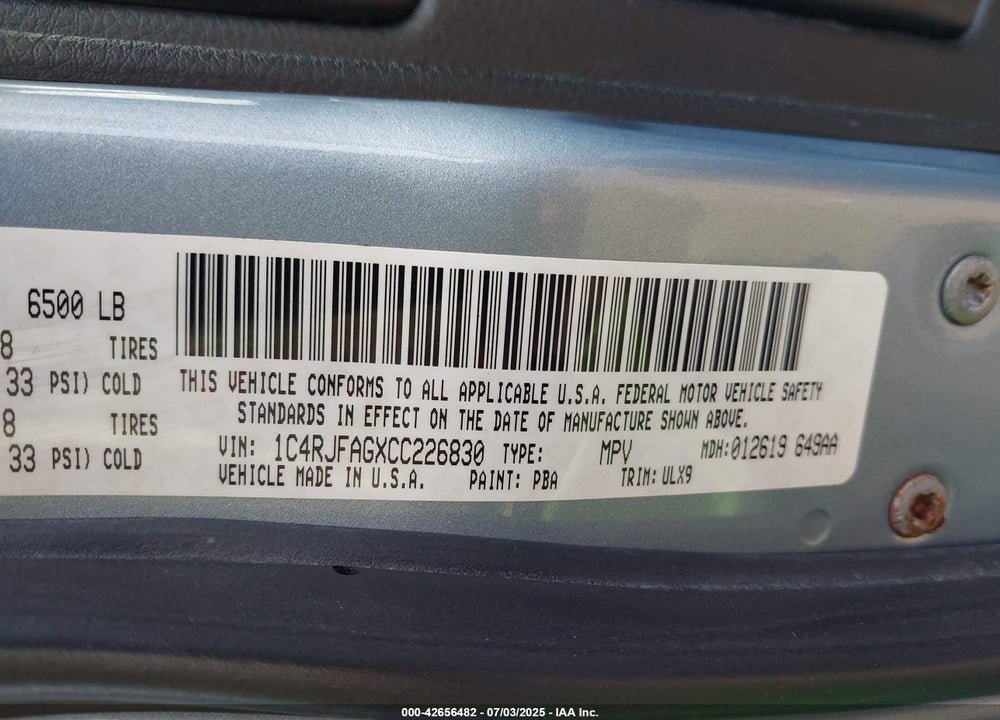 2012 JEEP GRAND CHEROKEE VIN: 1C4RJFAGXCC226830