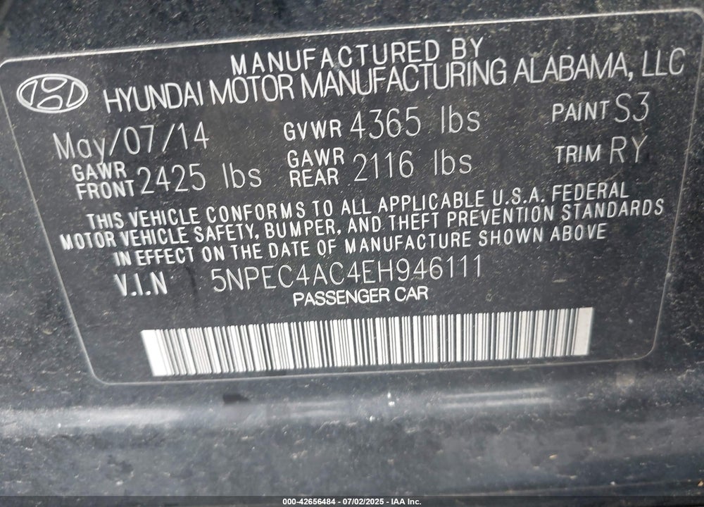 2014 HYUNDAI SONATA VIN: 5NPEC4AC4EH946111