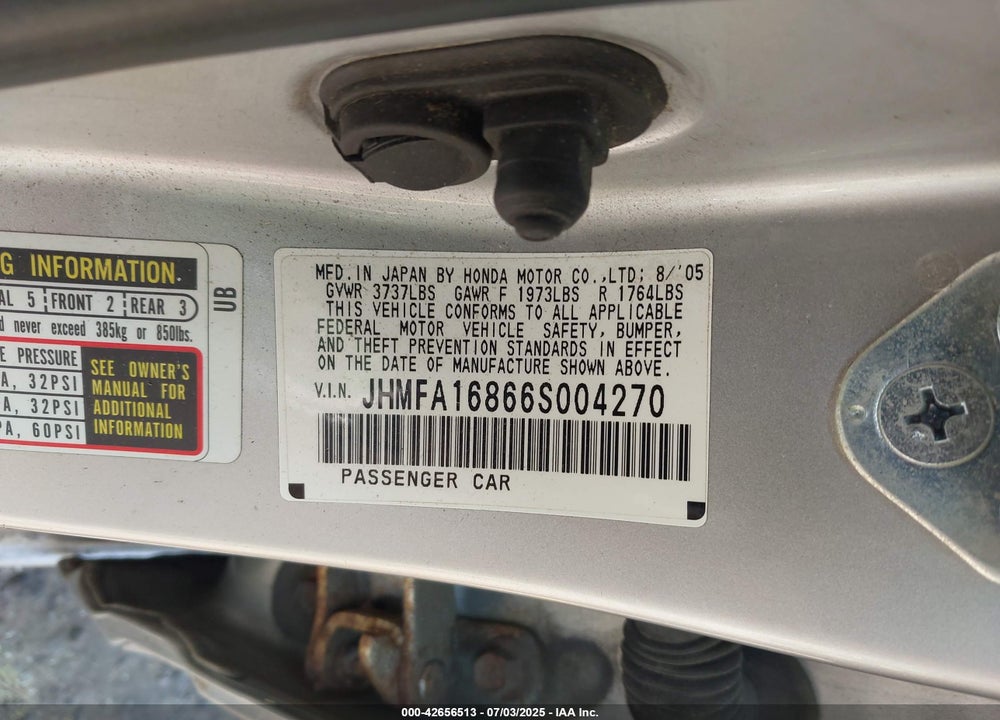 2006 HONDA CIVIC EX VIN: JHMFA16866S004270