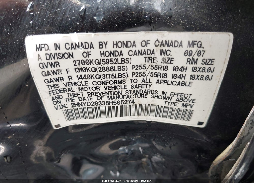 2008 ACURA MDX VIN: 2HNYD28338H505274
