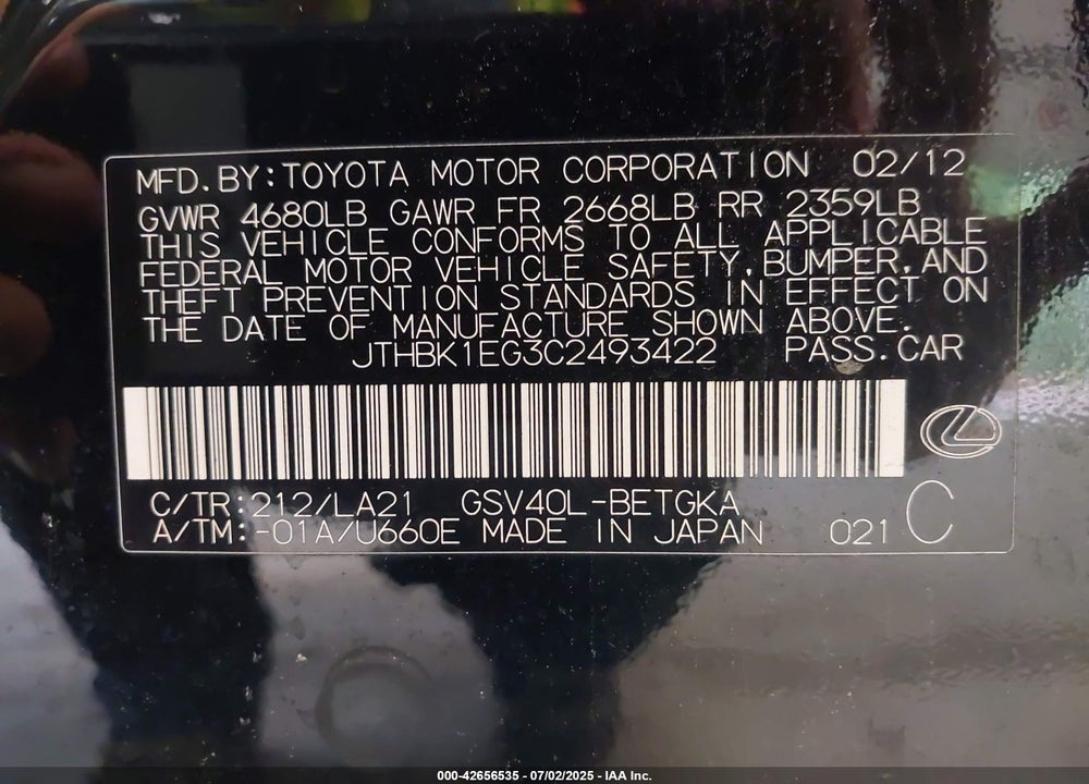 2012 LEXUS ES 350 VIN: JTHBK1EG3C2493422