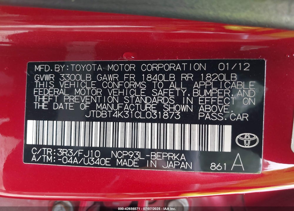 2012 TOYOTA YARIS VIN: JTDBT4K31CL031873