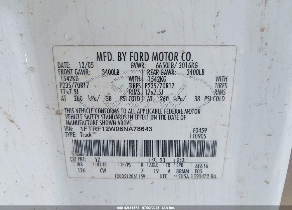 2006 FORD F-150 VIN: 1FTRF12W06NA78643