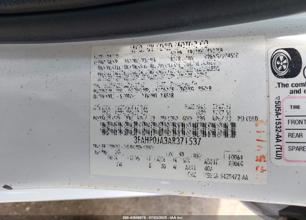 2010 FORD FUSION VIN: 3FAHP0JA3AR371537
