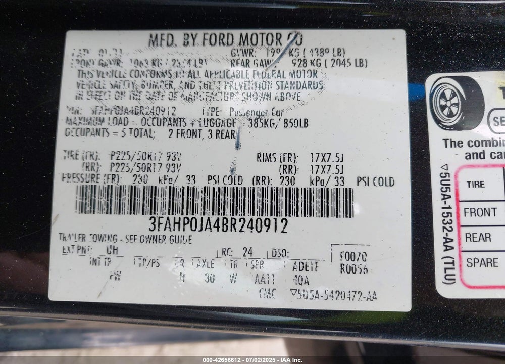 2011 FORD FUSION SEL VIN: 3FAHP0JA4BR240912