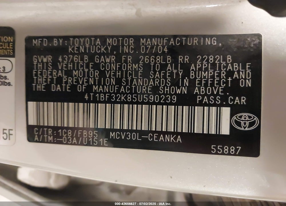 2005 TOYOTA CAMRY VIN: 4T1BF32K85U590239